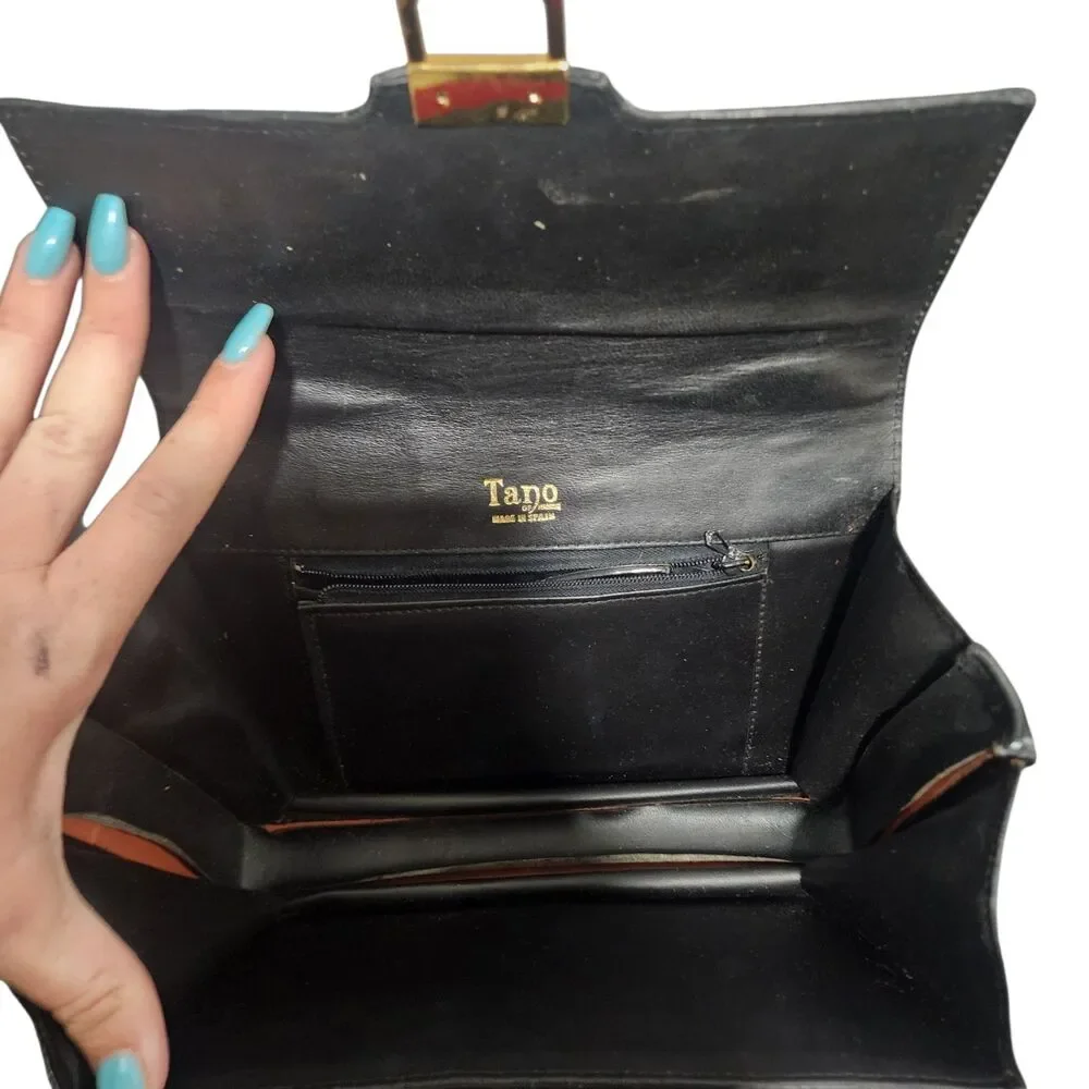 Vintage Tano Black Leather Top Handle Handbag Gold Hardware Made in Spain‎